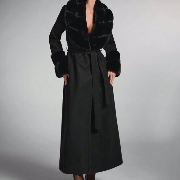 Black Elegant Women's Faux Fur Fluffy Shawl Collar Long Coat - Picture 5 of 7
